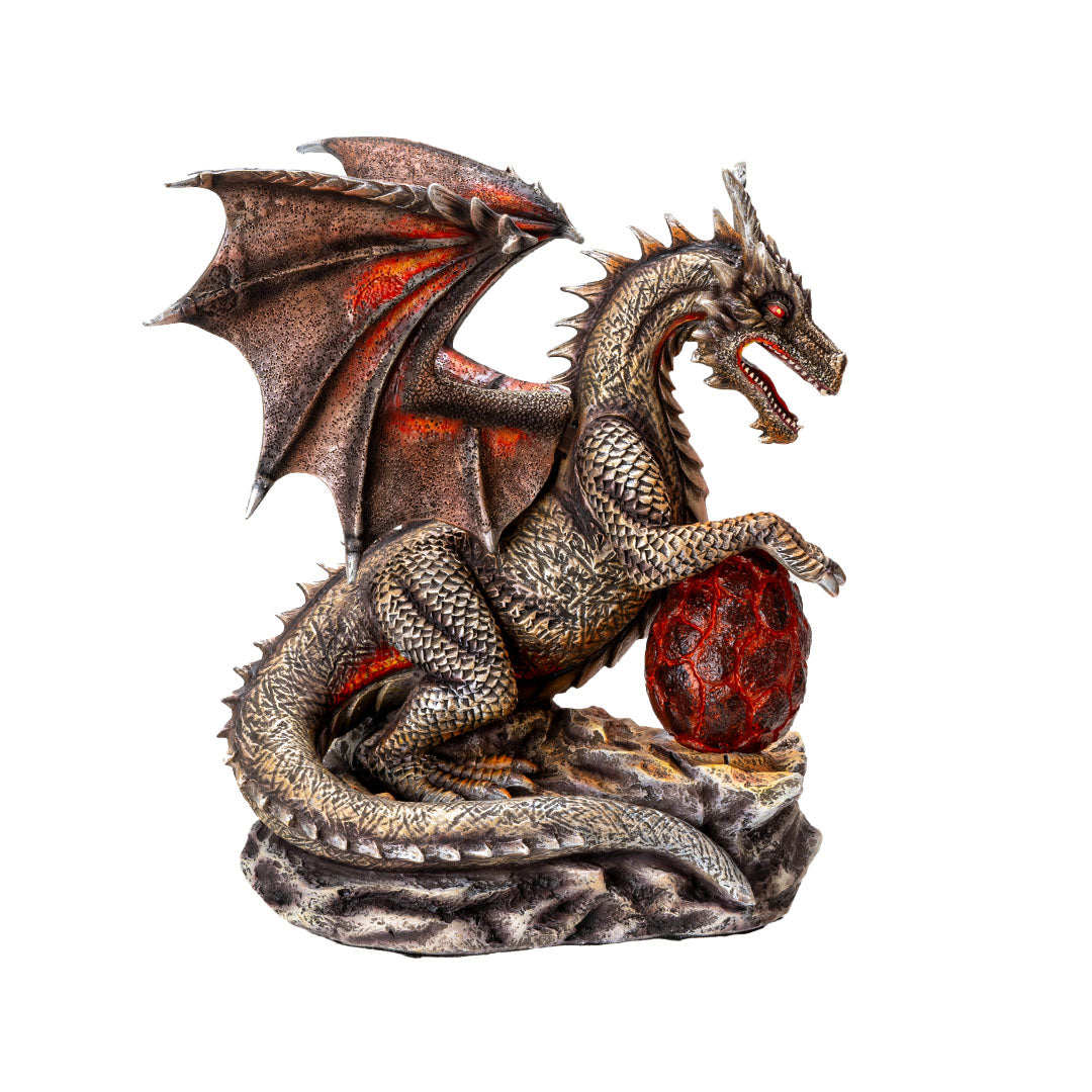 Figurine of coppery dragon with red accents holding a crimson egg (LED)