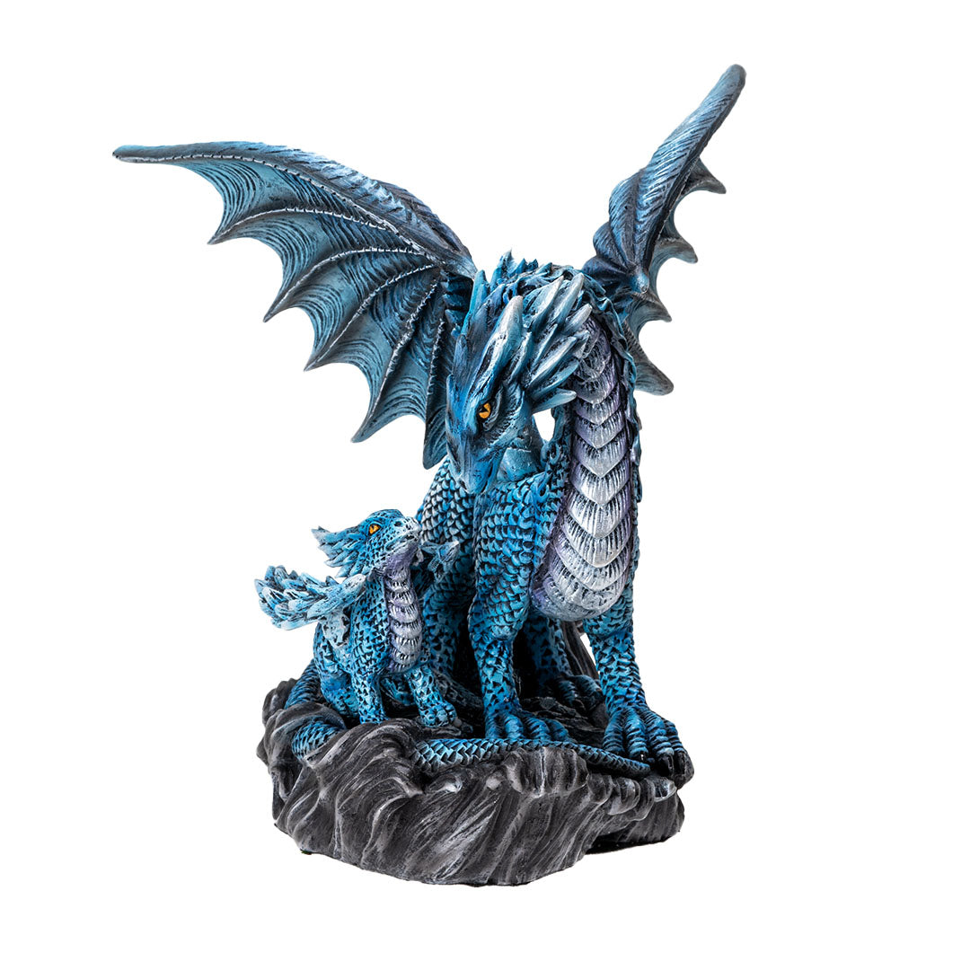 Figurine of blue dragon standing with baby hatchling, golden eyes on both, black wavy base