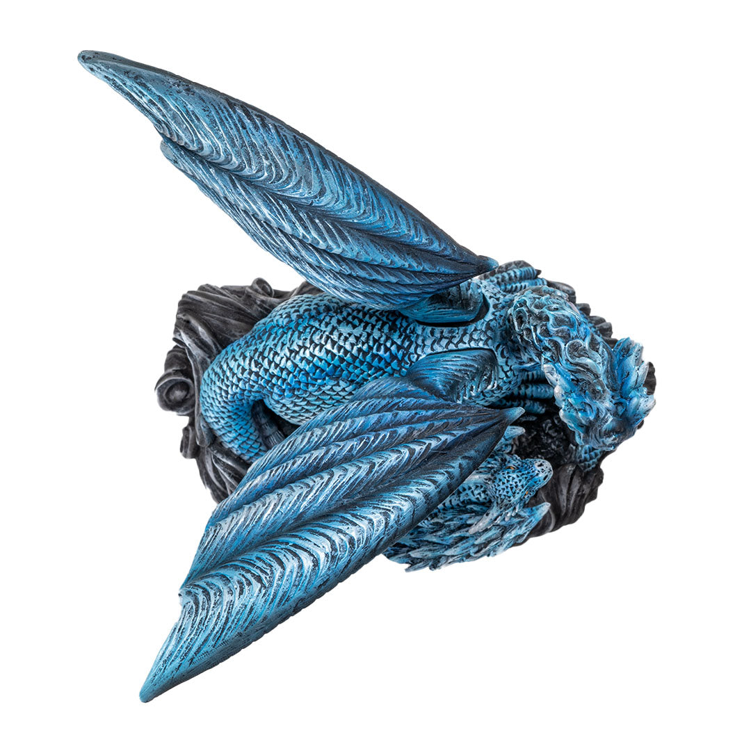 Figurine of blue dragon standing with baby hatchling, golden eyes on both, black wavy base, shown top down