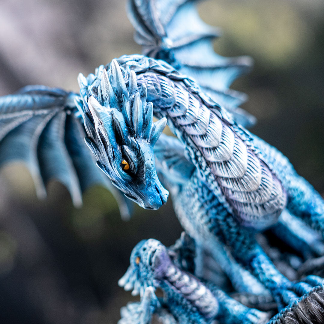 Closeup of dragons, blue scales with golden yellow eyes