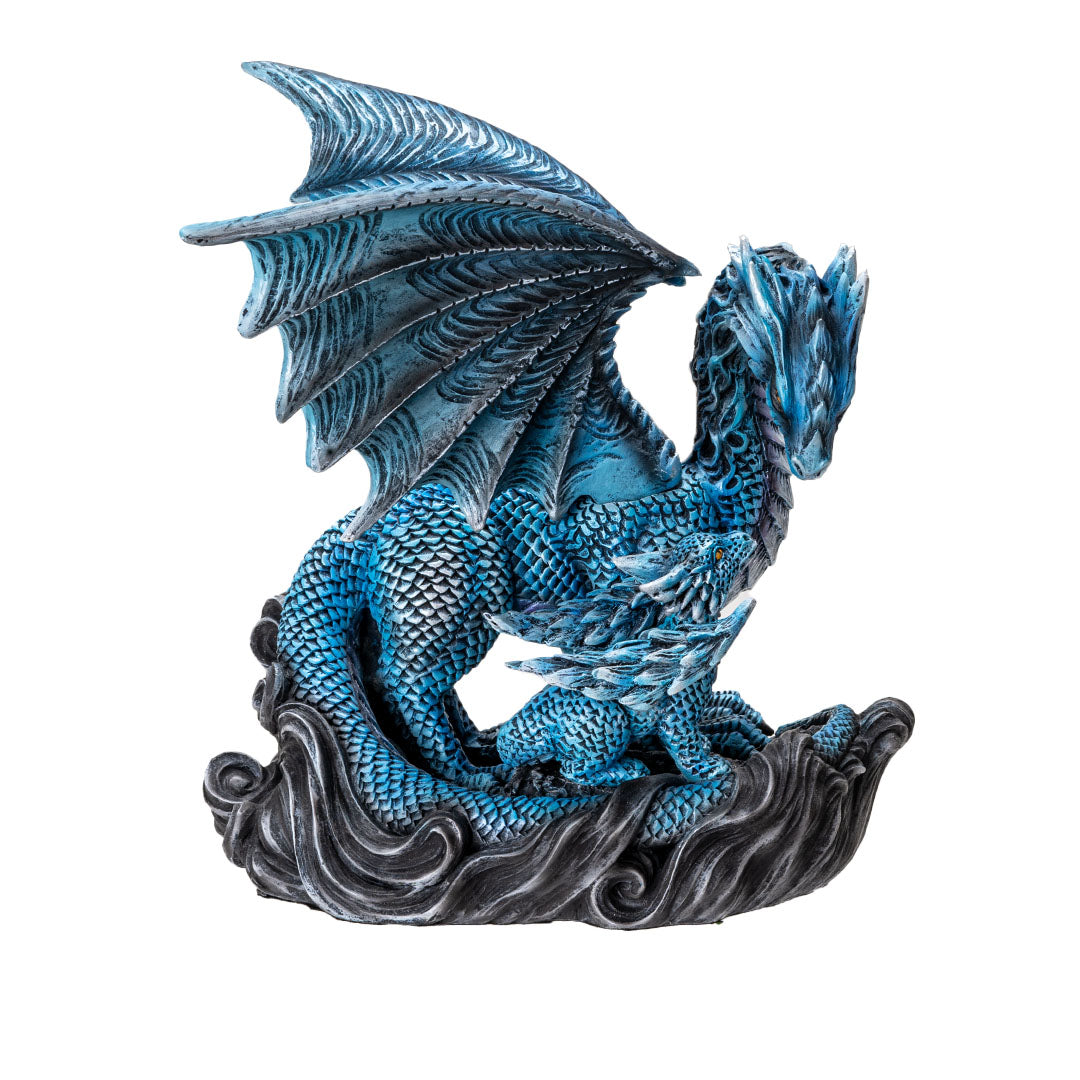 Figurine of blue dragon standing with baby hatchling, golden eyes on both, black wavy base