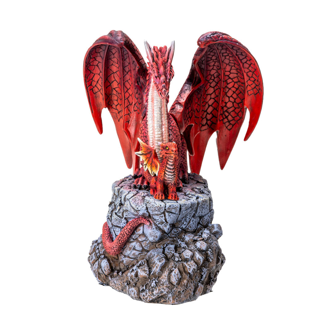 Figurine of red dragon parent with baby hatchling on rocky pedestal