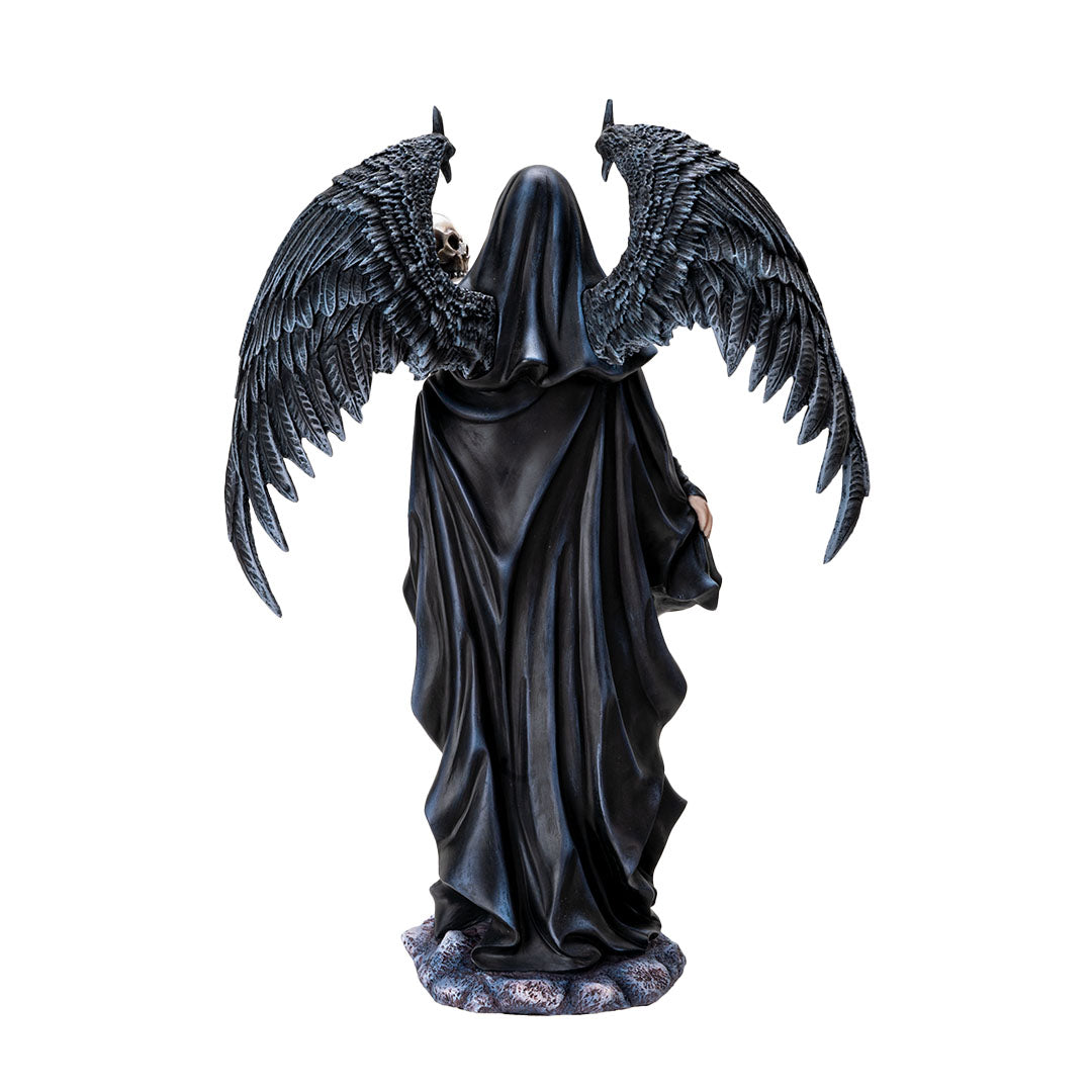 Figurine of black feather-winged angel lady in black cloak holding a skull, shown from the back