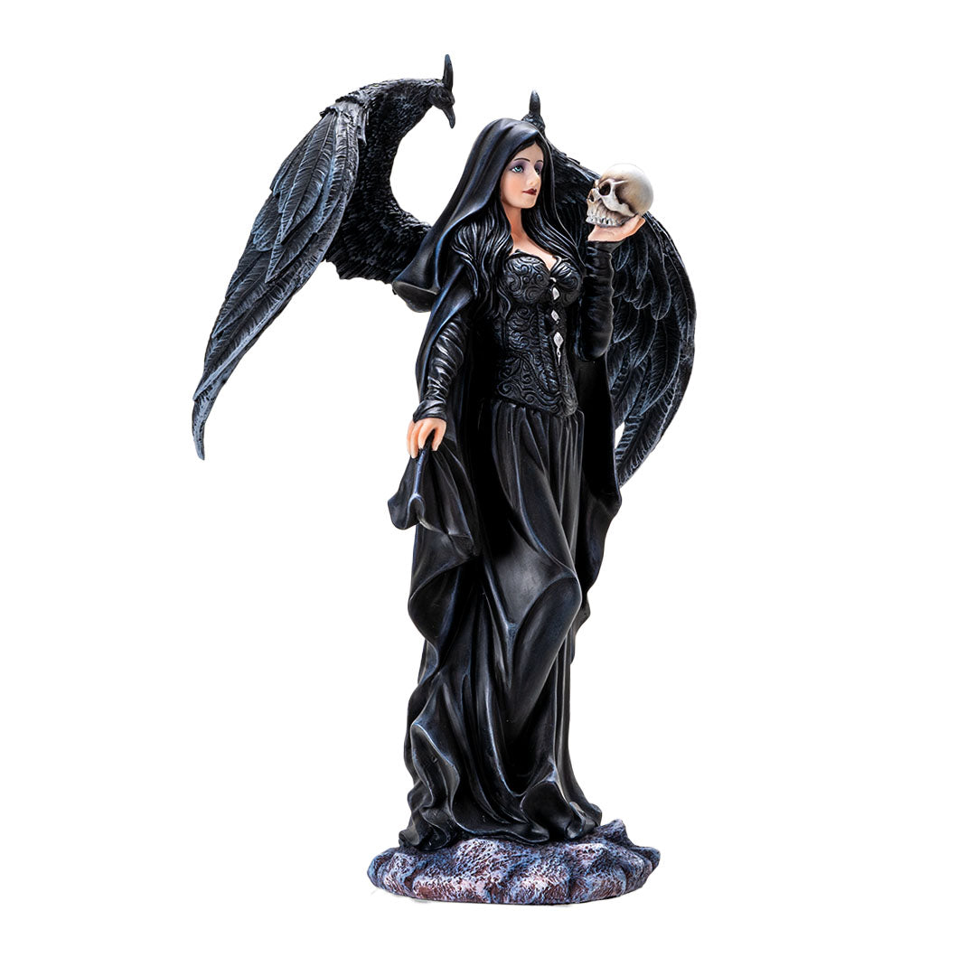 Figurine of black feather-winged angel lady in black cloak holding a skull