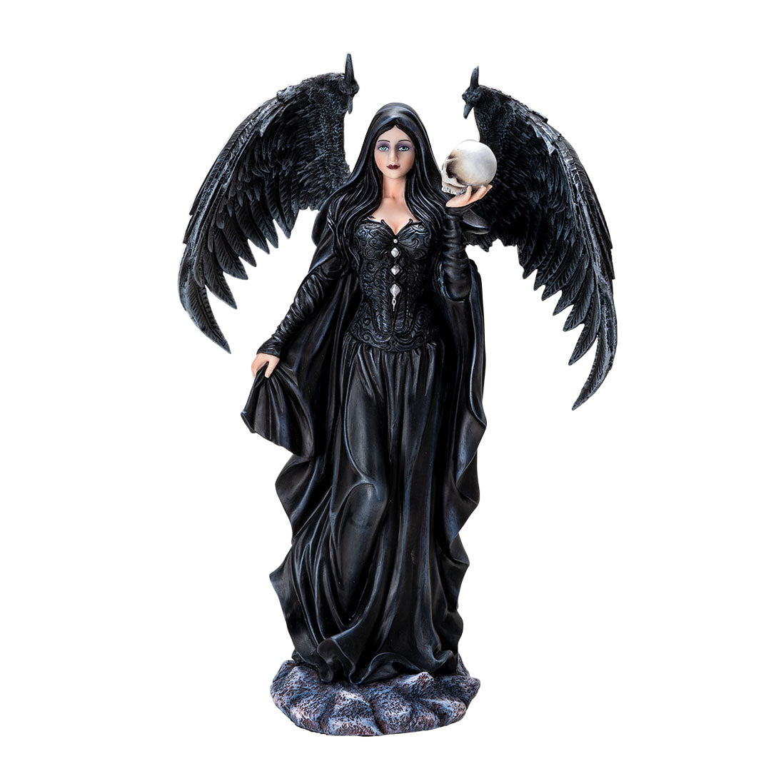 Figurine of black feather-winged angel lady in black cloak holding a skull