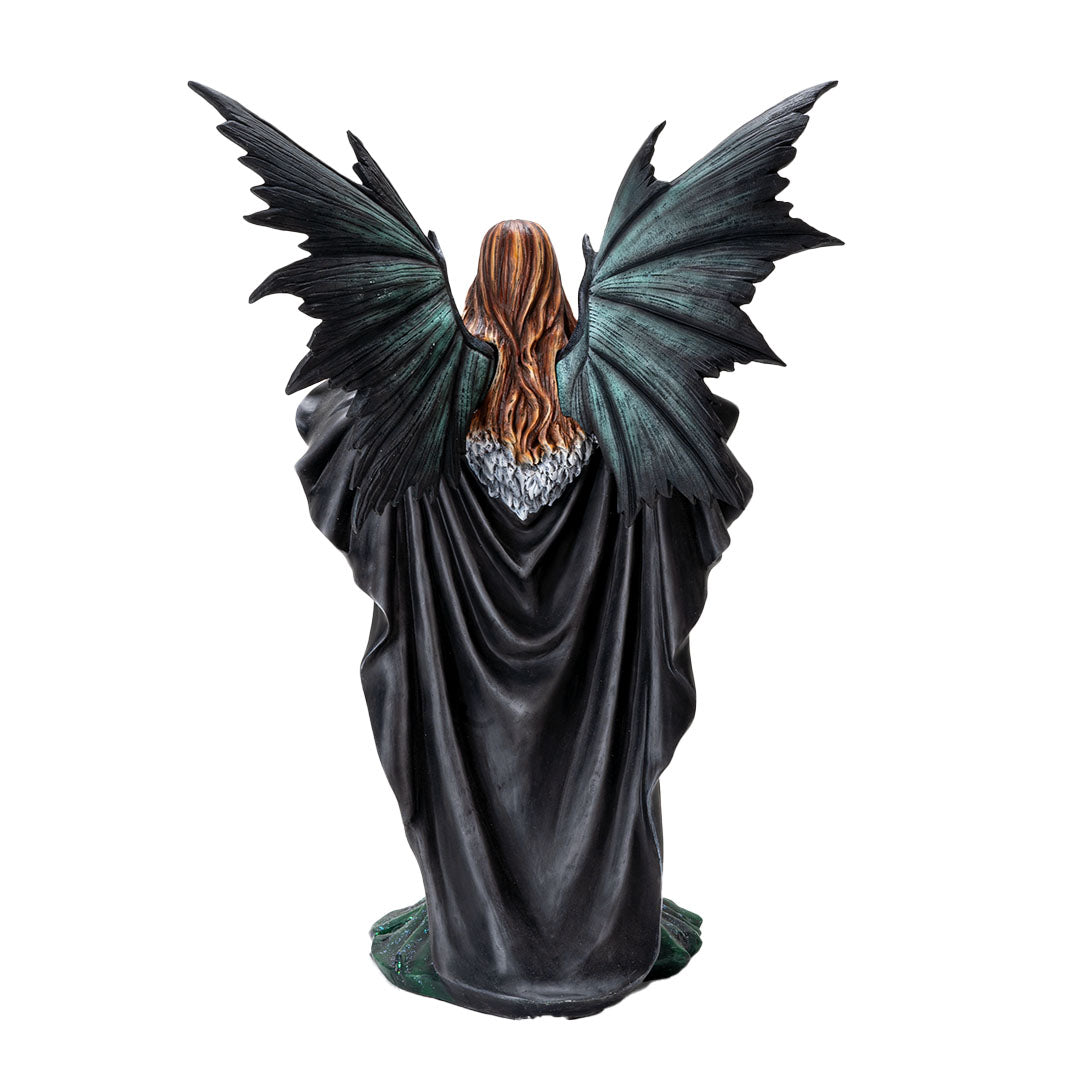 Figurine of fairy woman with brunette hair, green-black wings, emerald dress with red corset, raven on each hand. Shown from the back, black cloak