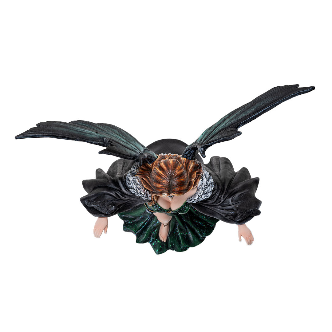 Figurine of fairy woman with brunette hair, green-black wings, emerald dress with red corset, raven on each hand, shown top down
