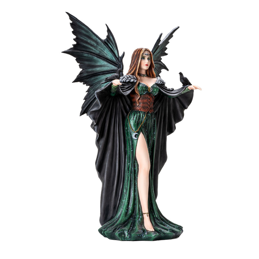 Figurine of fairy woman with brunette hair, green-black wings, emerald dress with red corset, raven on each hand
