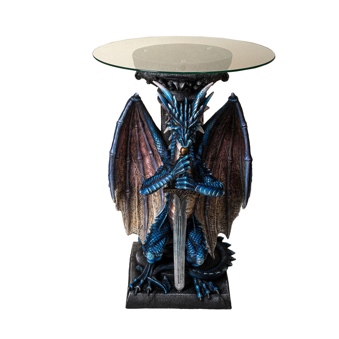 Glass topped table. Base is a blue dragon with spread wings holding a sword