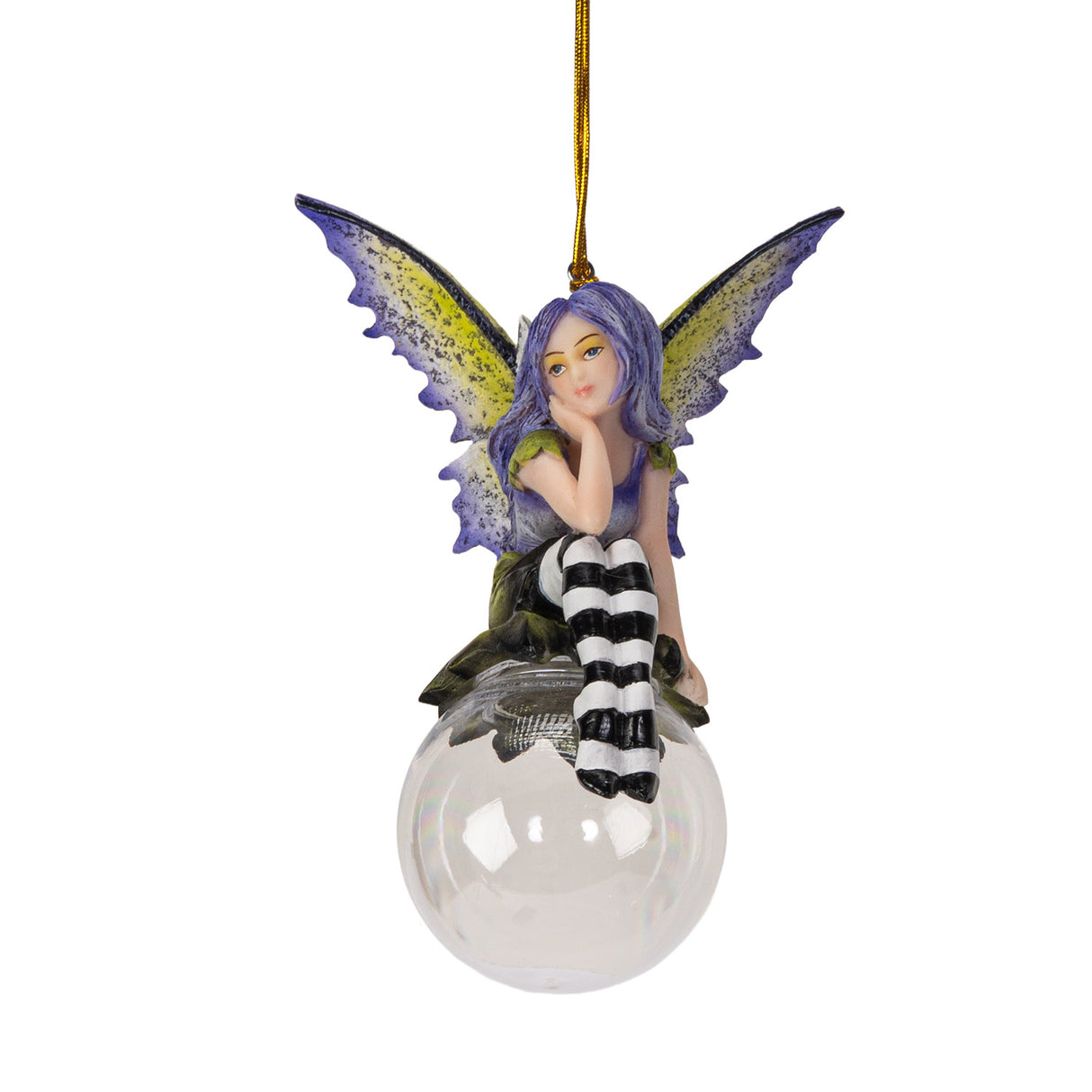 Fairy ornament with purple hair and striped pants sitting on a clear glass ball. Purple and yellow wings, gazing out