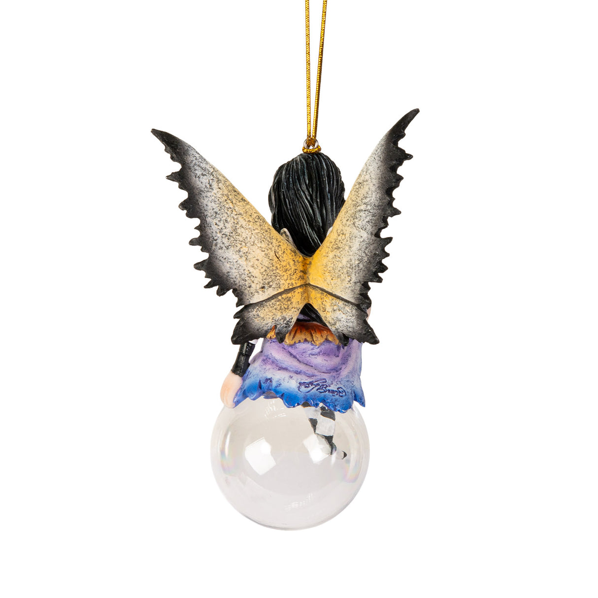 Fairy ornament, black hair, purple and orange outfit with black and white striped sleeves & stockings, tan and black wings, perched on glass bubble. Shown from the back
