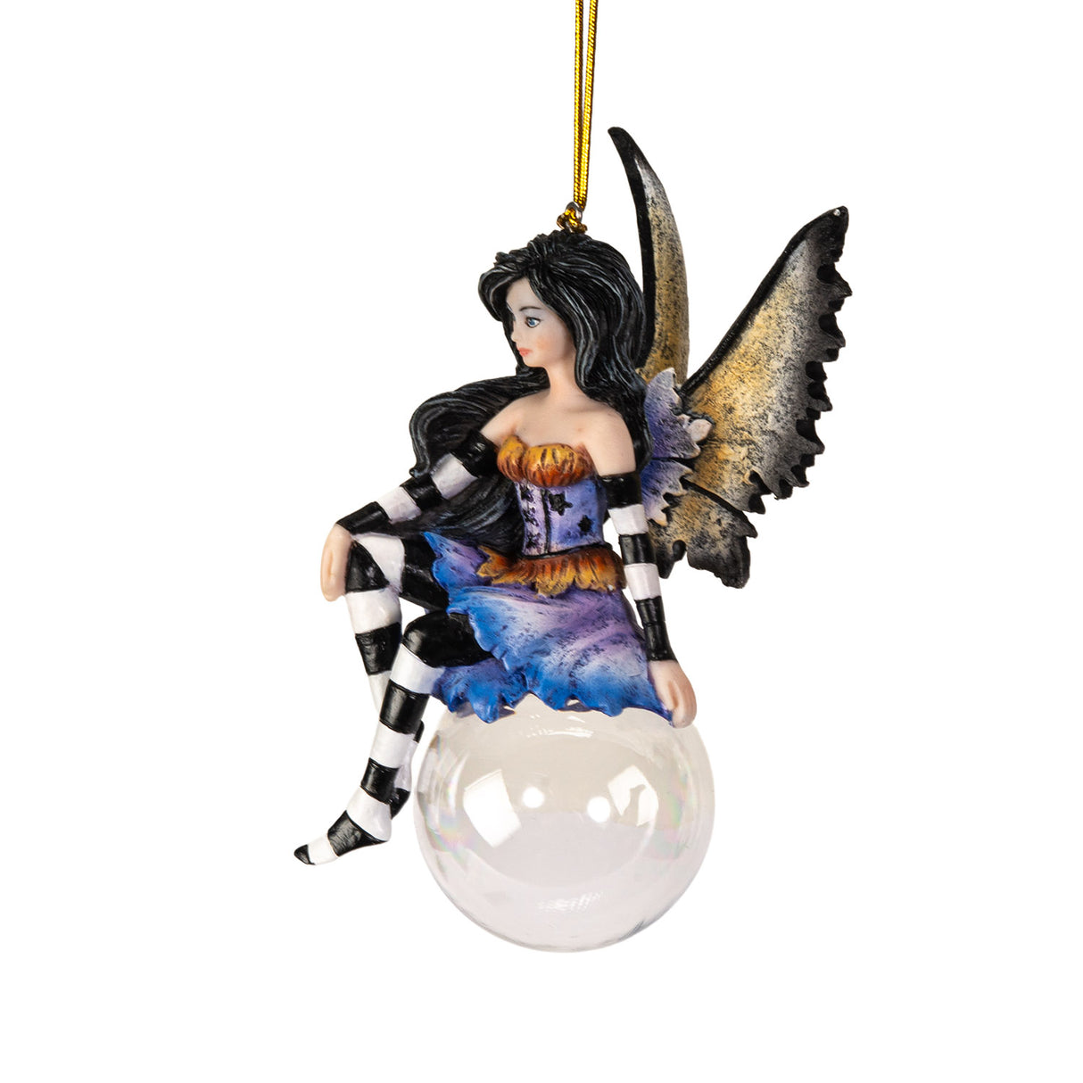 Fairy ornament, black hair, purple and orange outfit with black and white striped sleeves & stockings, tan and black wings, perched on glass bubble