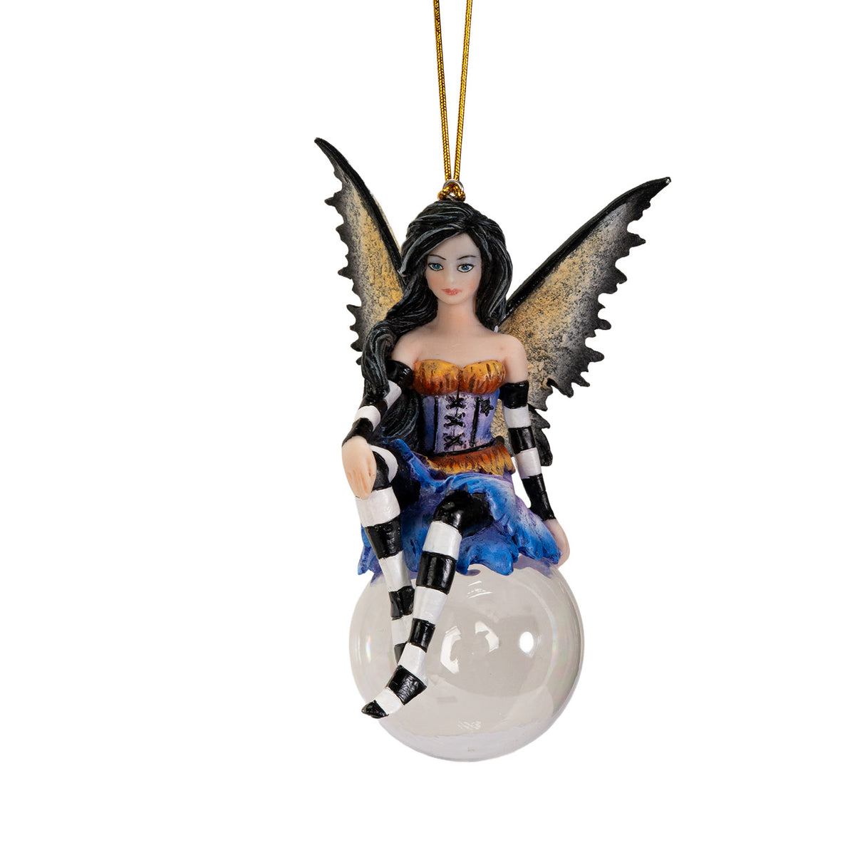 Fairy ornament, black hair, purple and orange outfit with black and white striped sleeves & stockings, tan and black wings, perched on glass bubble
