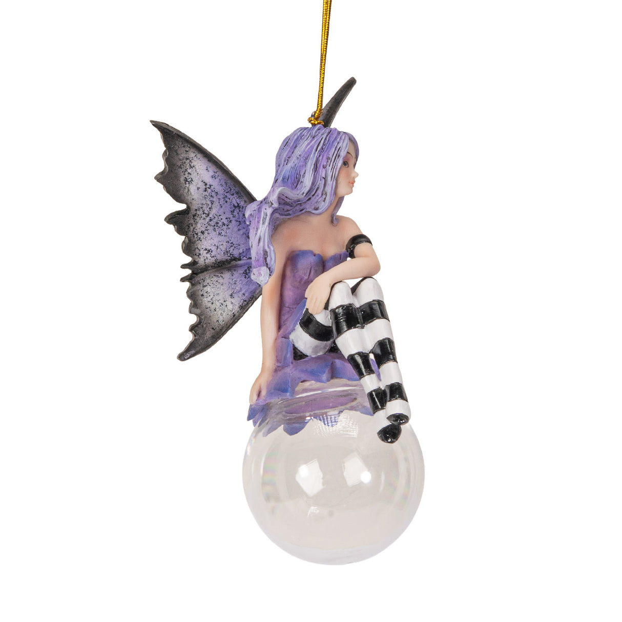 Fairy ornament with purple hair and dress, gray wings, black and white striped stockings, perched on glass bubble