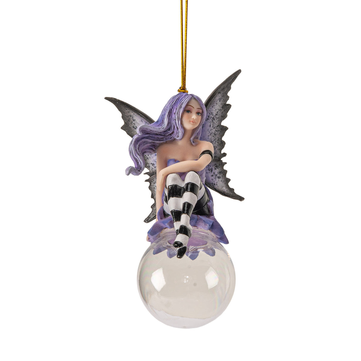 Fairy ornament with purple hair and dress, gray wings, black and white striped stockings, perched on glass bubble