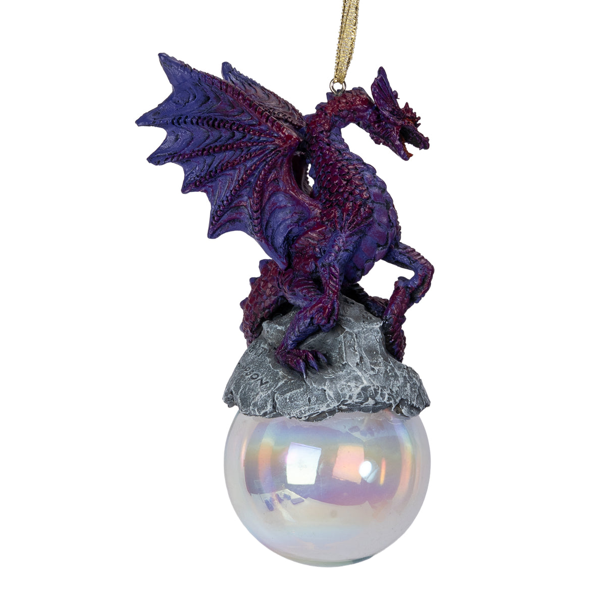 Ornament with purple dragon on rock on iridescent bubble