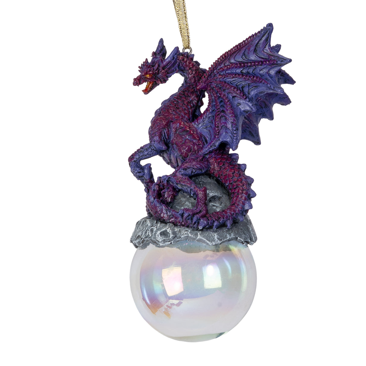 Ornament with purple dragon on rock on iridescent bubble
