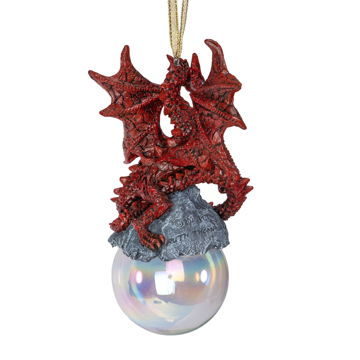 Red dragon ornament on rocks on a glass orb bubble, shown from the back