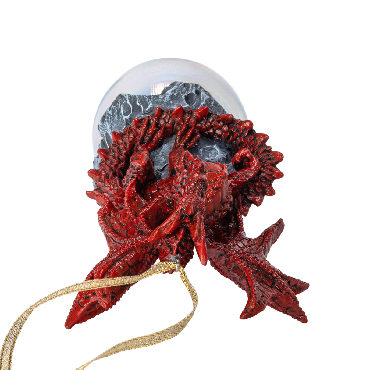 Red dragon ornament on rocks on a glass orb bubble, shown top down