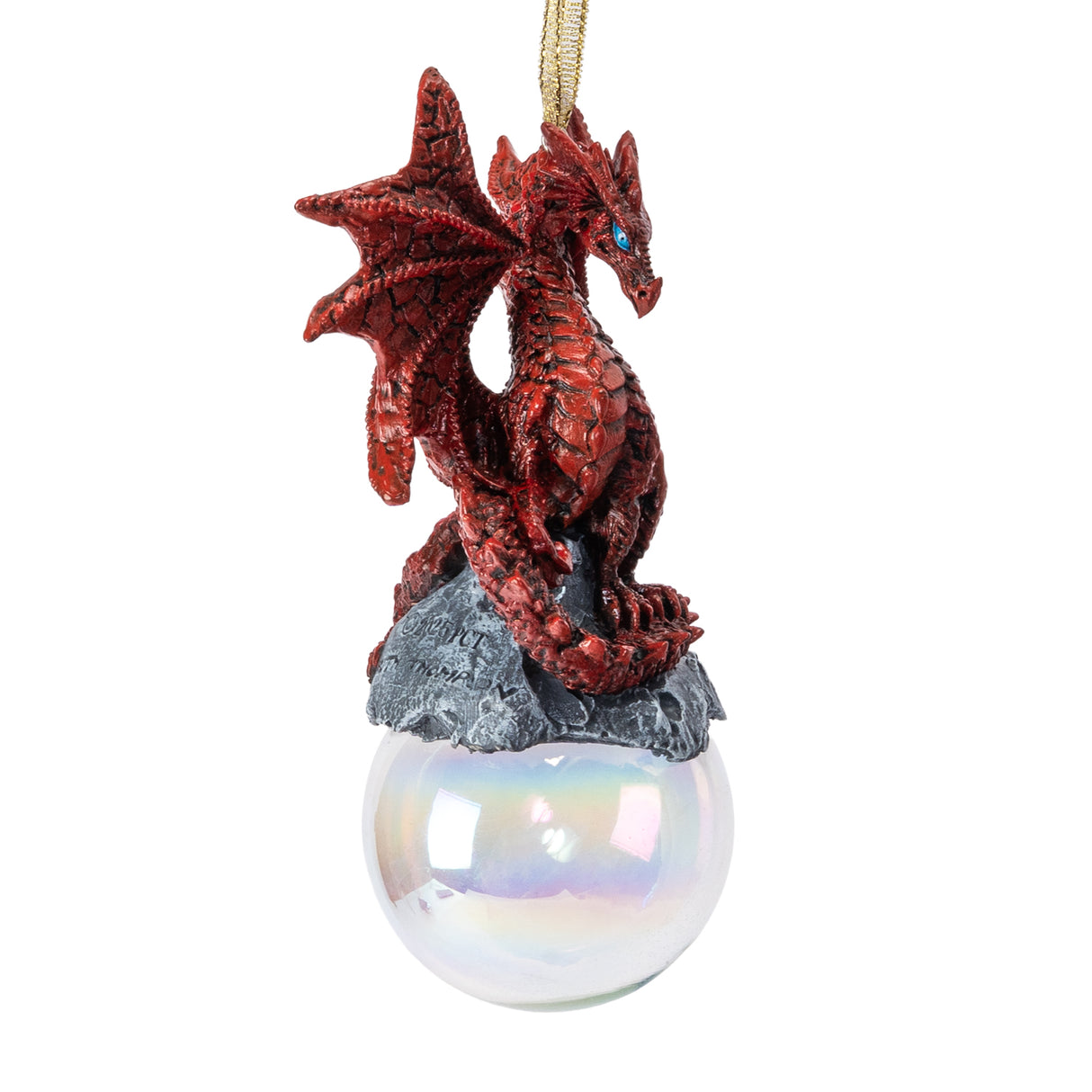Red dragon ornament on rocks on a glass orb bubble