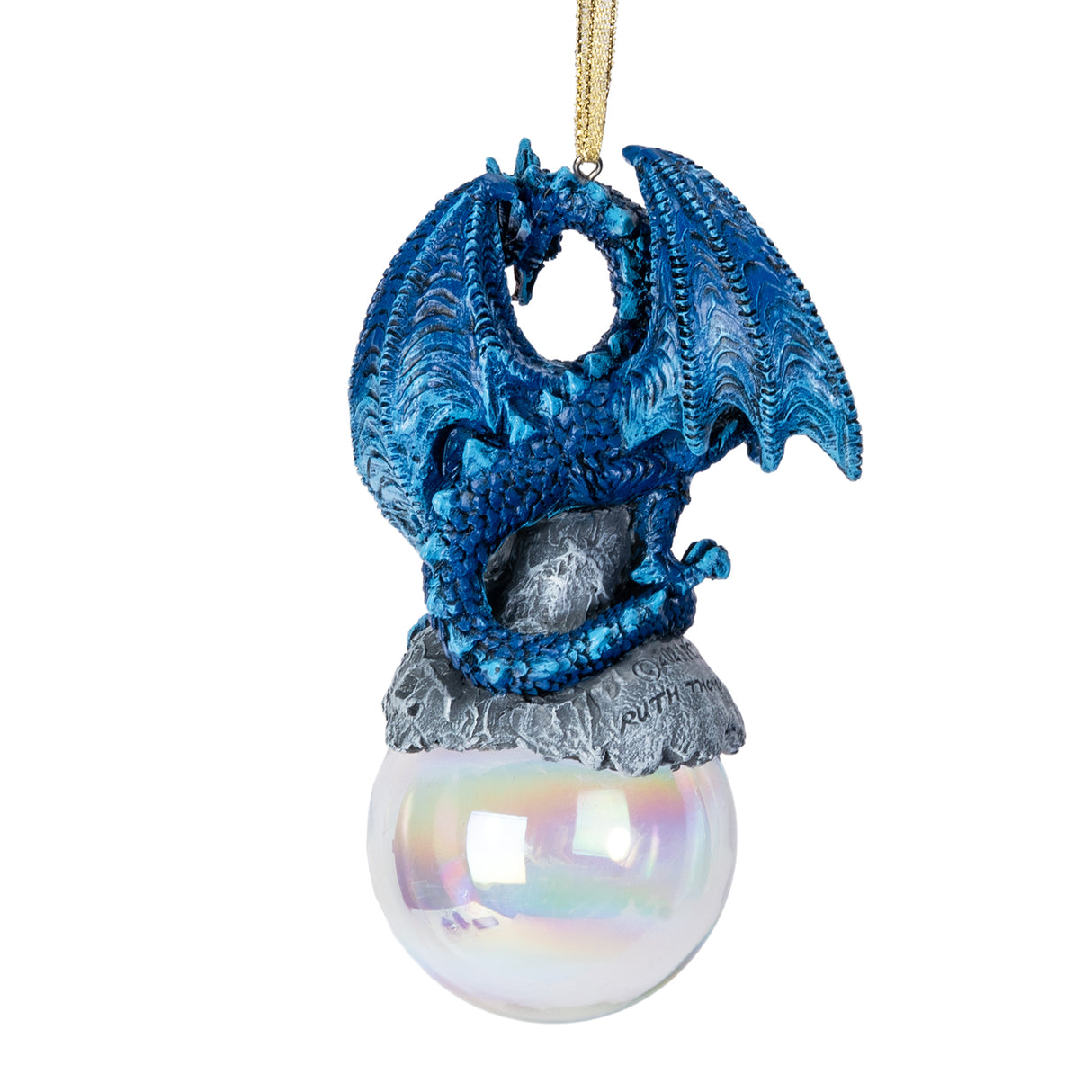 Ornament with blue dragon on rocks on iridescent glass bubble. shown from the back