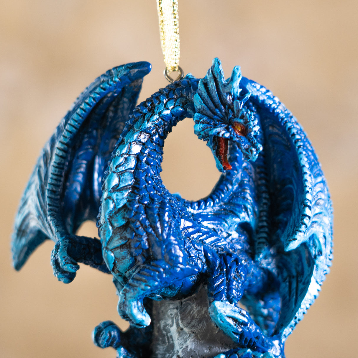 Closeup of bright blue dragon ornament