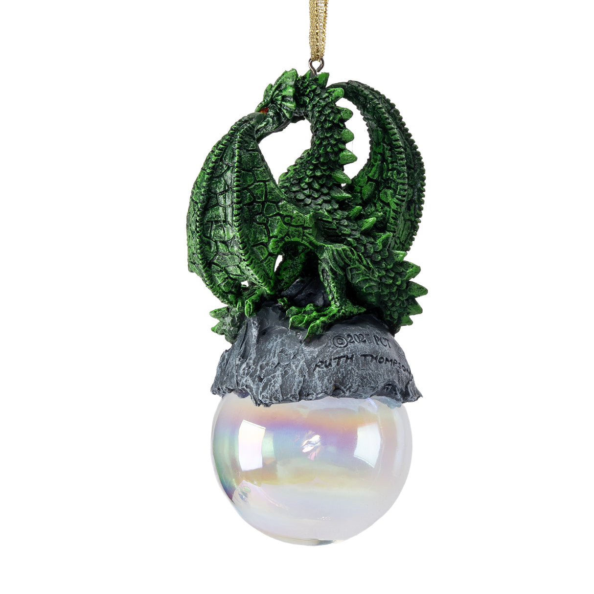 Green dragon ornament on rocks on a glass orb, shown from the back