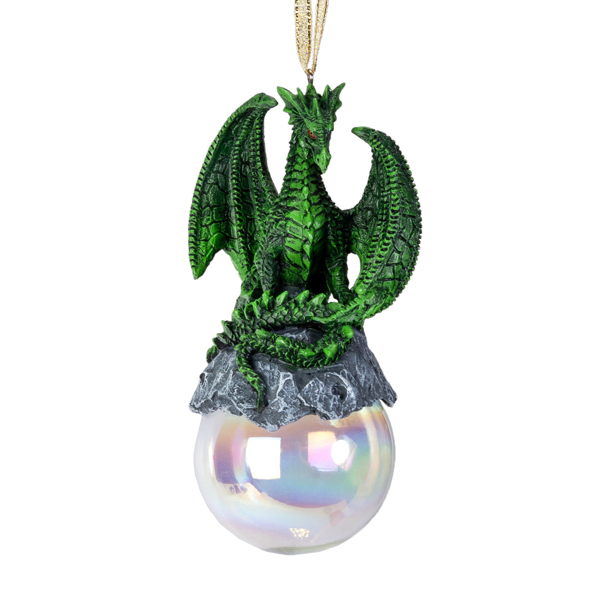 Green dragon ornament on rocks on a glass orb