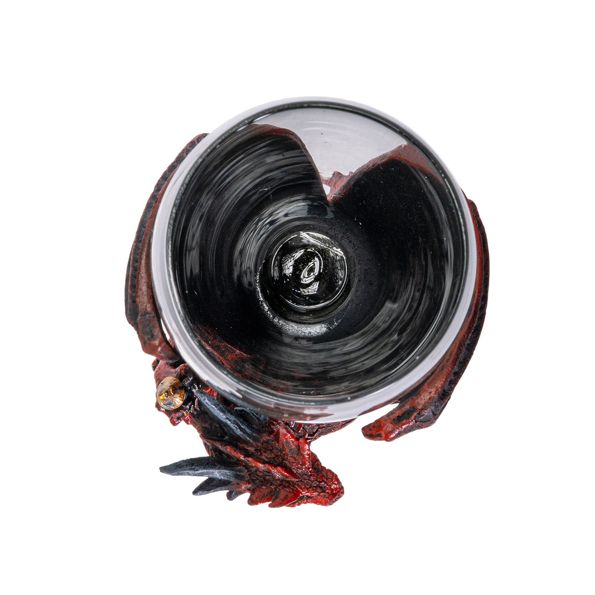 Glass-topped goblet with a red, orange and black dragon holding a sword, shown top down