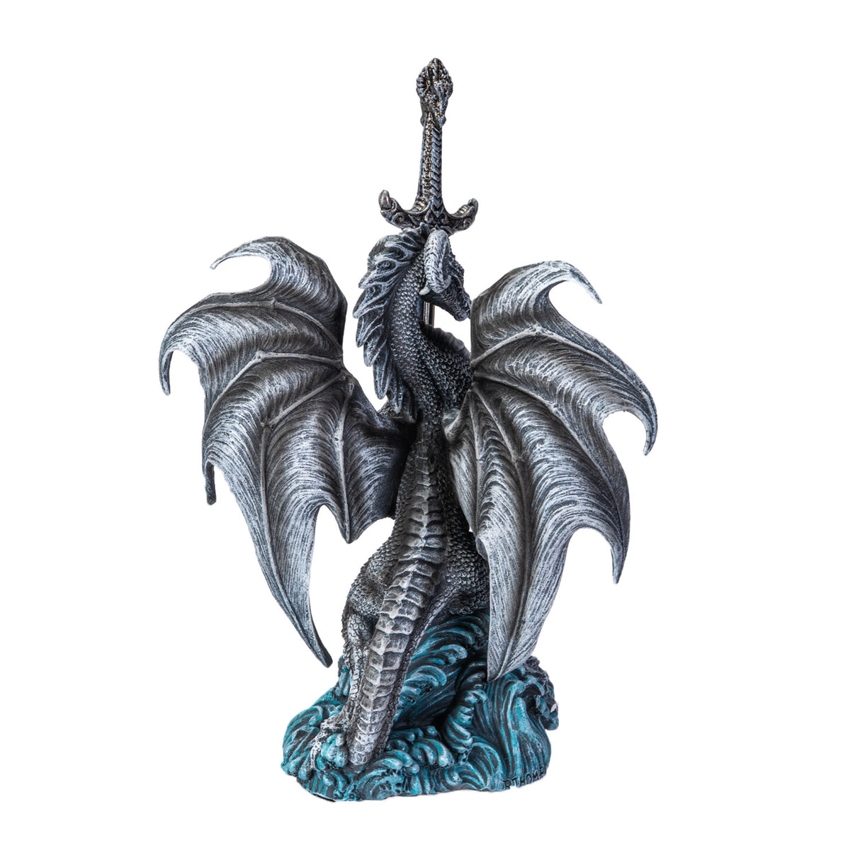 Gray dragon with wolf in the waves, holding a sword letter opener, shown from the back