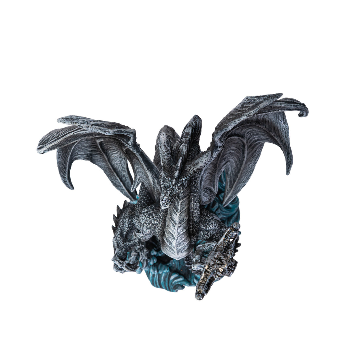 Gray dragon with wolf in the waves, holding a sword letter opener, shown top down