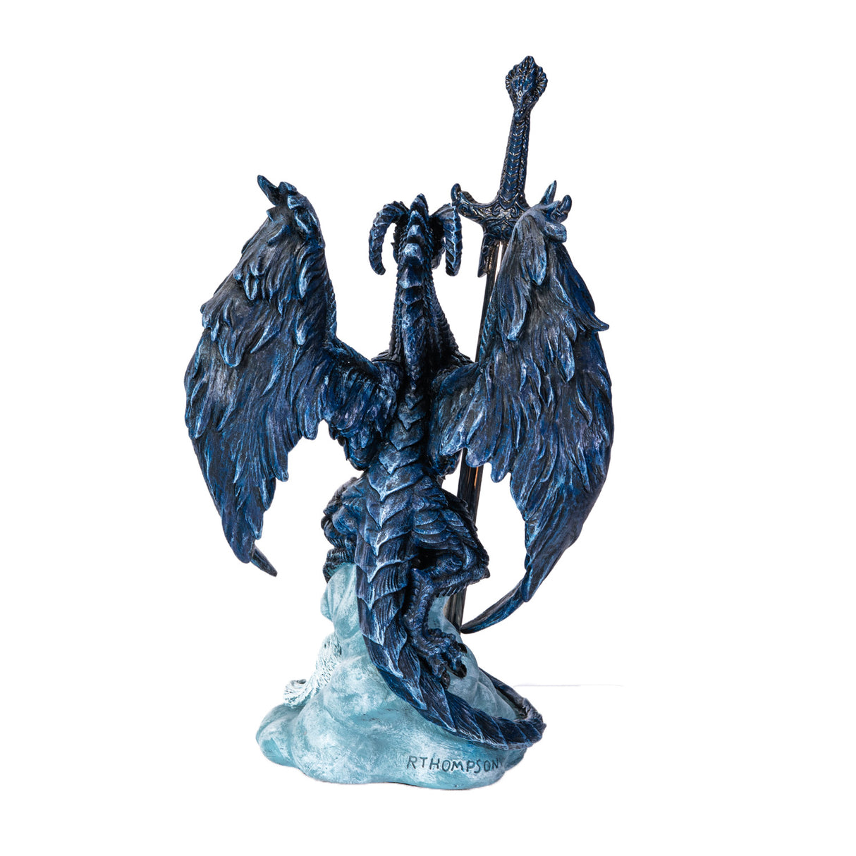 Blue dragon figurine holding a sword letter opener with a white wolf at its feet, shown from the back