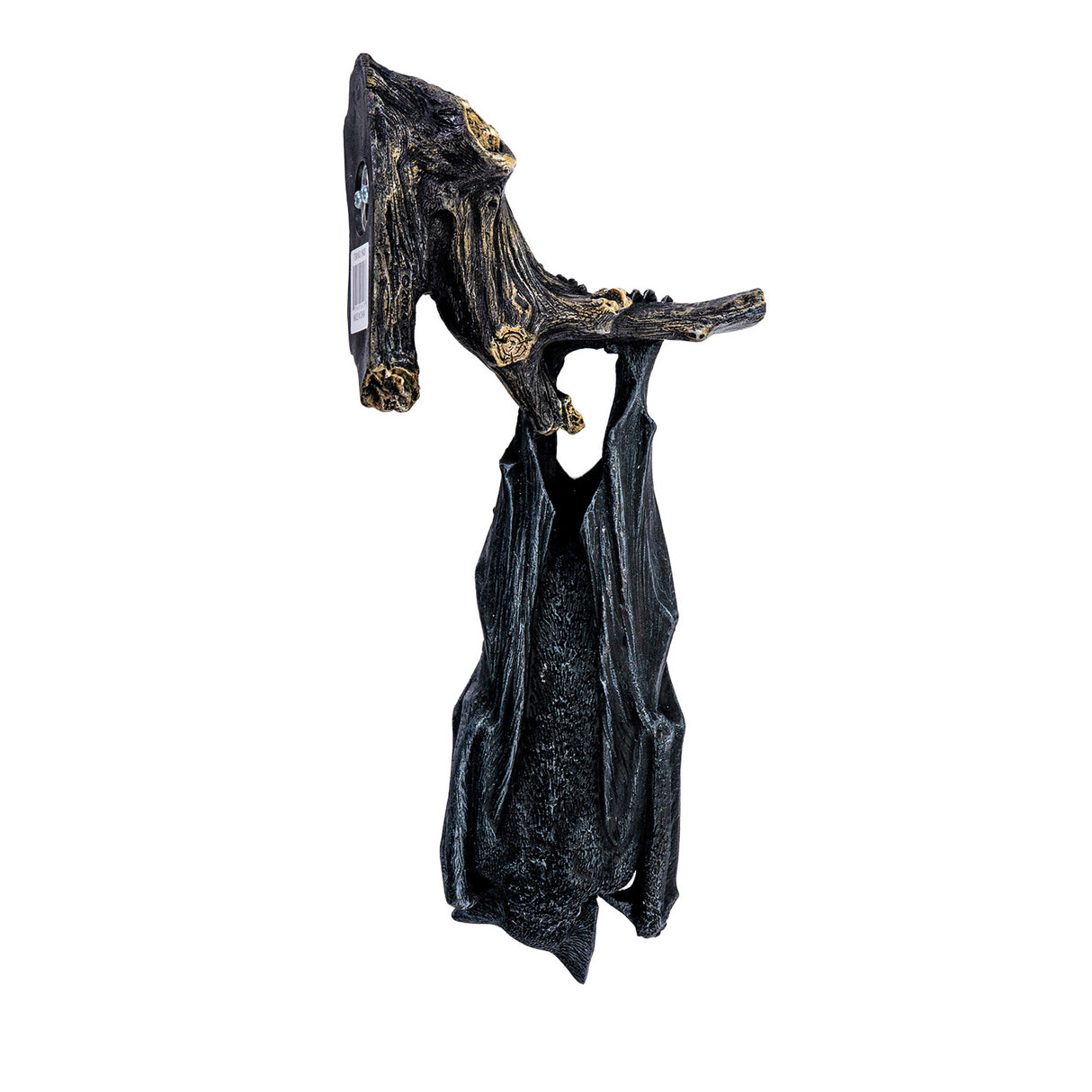 Decorative wall plaque of a black bat hanging upside down, shown from the back
