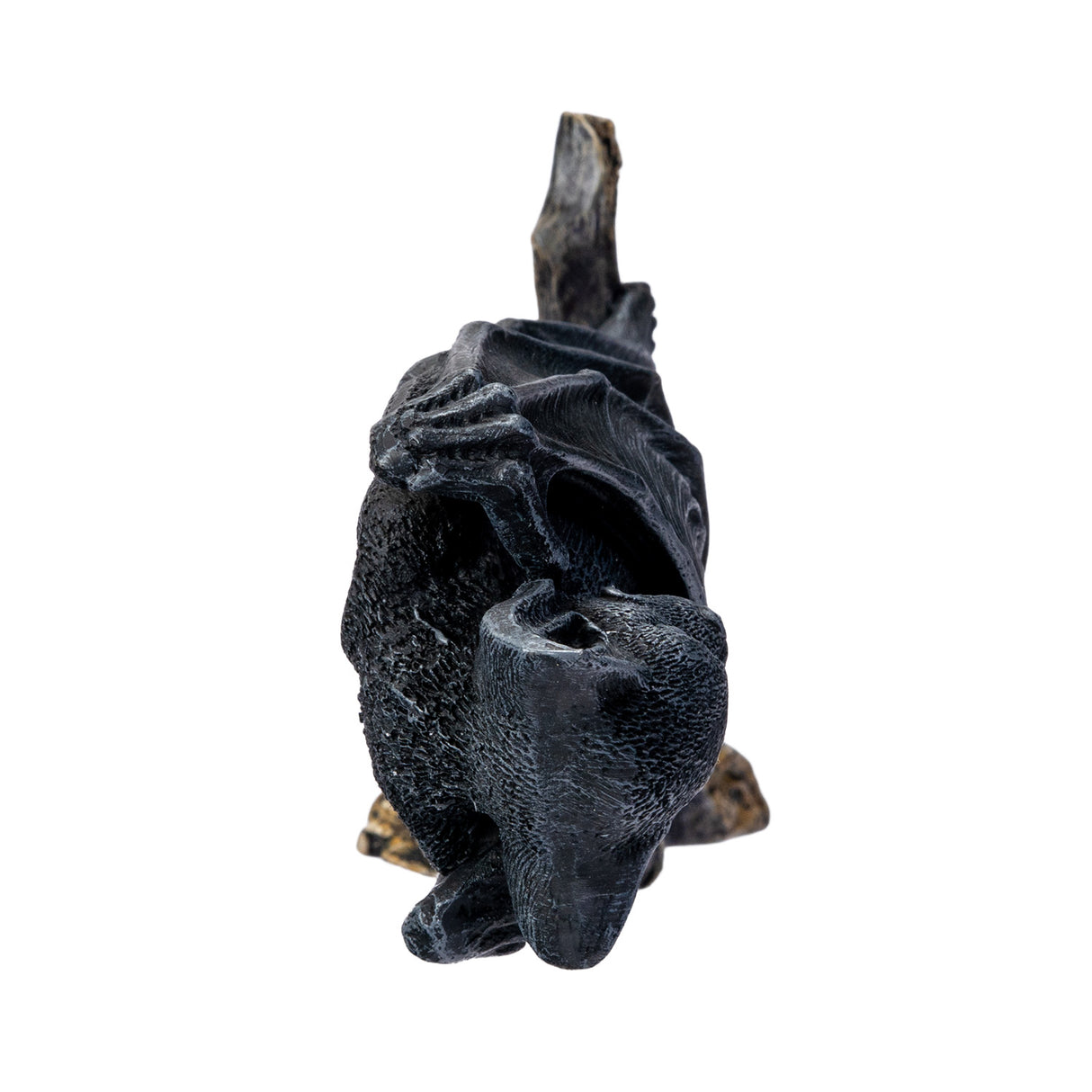 Decorative wall plaque of a black bat hanging upside down, shown from underneath