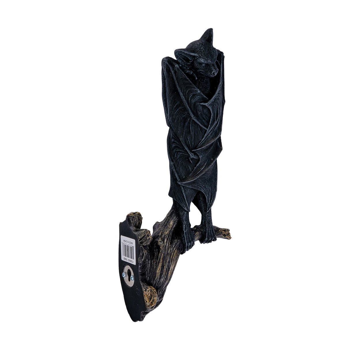 Decorative wall plaque of a black bat hanging upside down, shown with mounting hardware