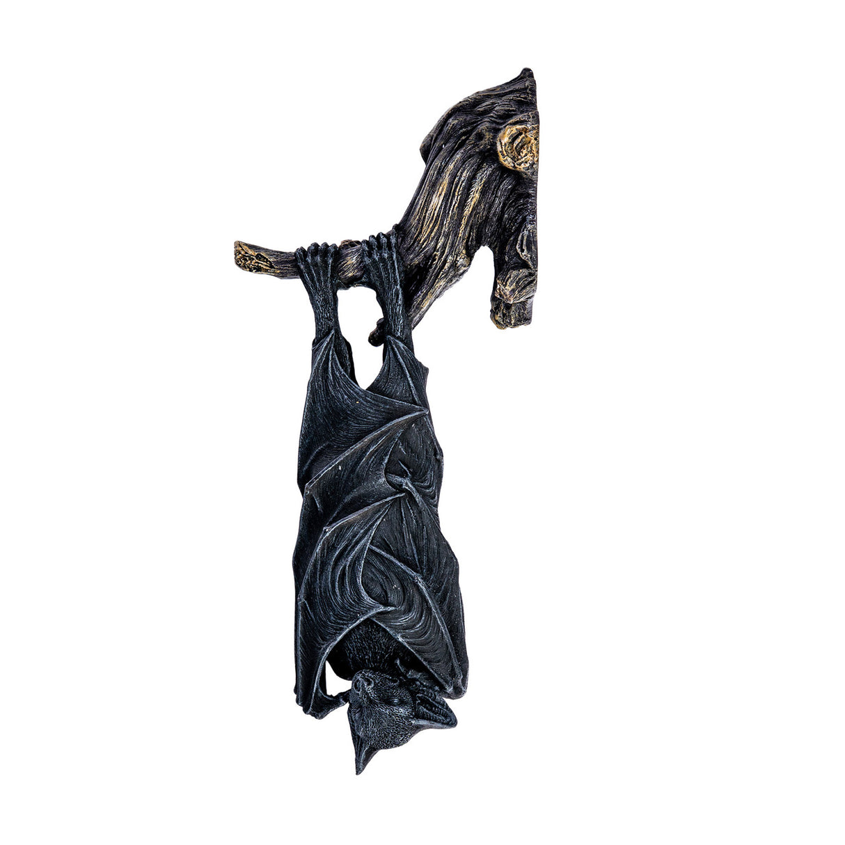 Decorative wall plaque of a black bat hanging upside down