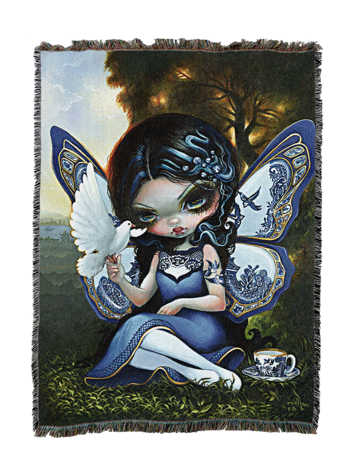 Fairy with butterfly wings holding a dove on a woven blanket