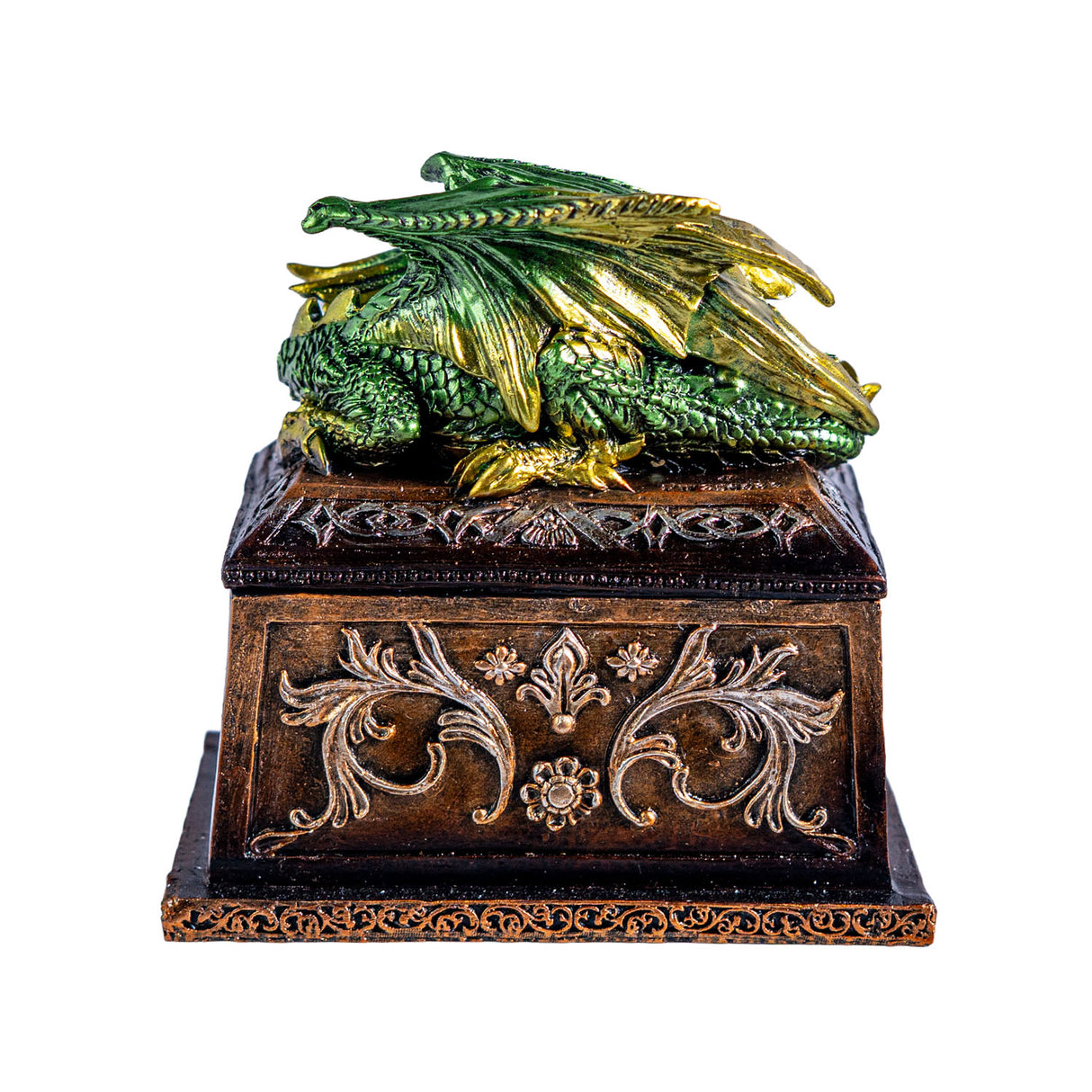Decorative box with a green dragon on top and bronze-brown box, shown from the back