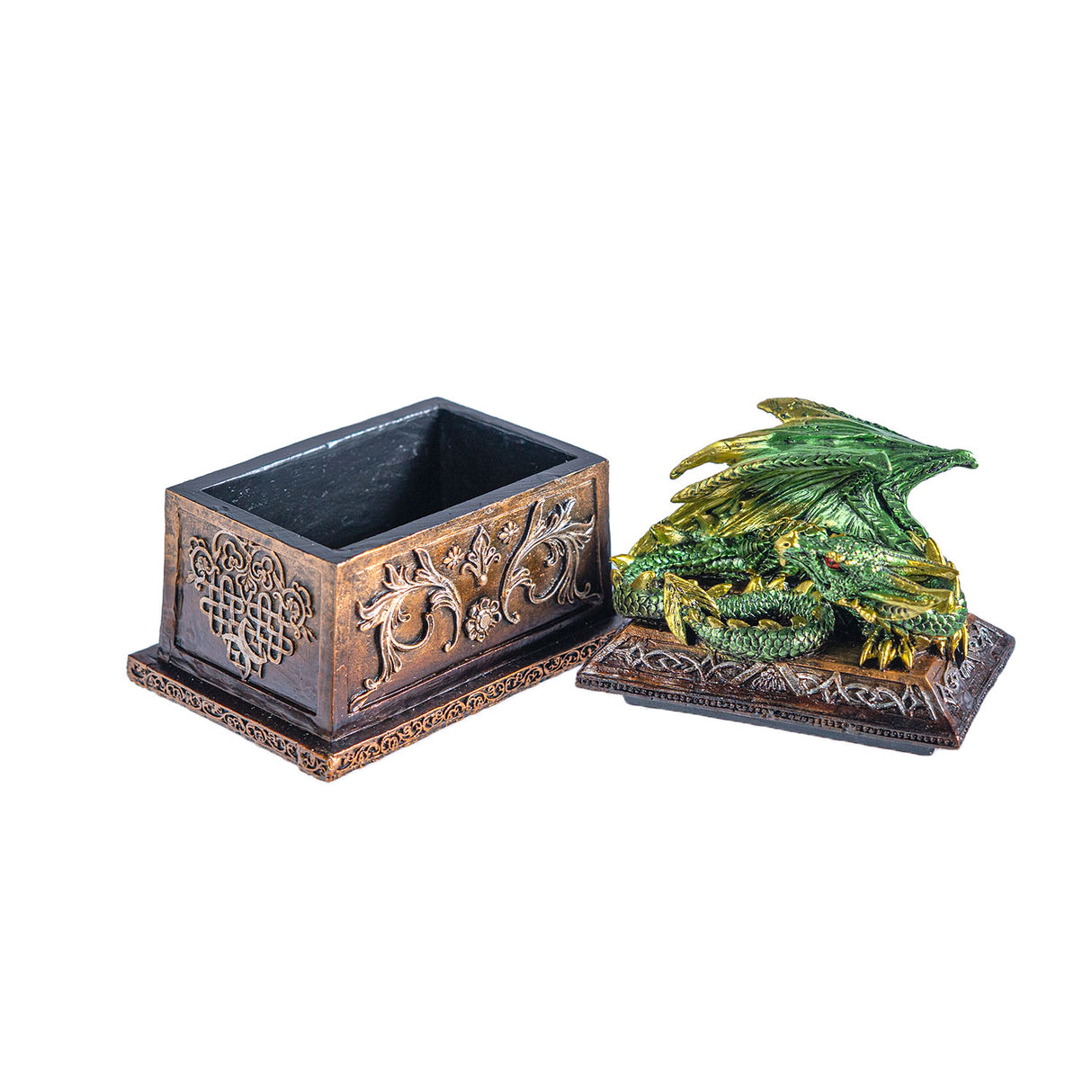 Decorative box with a green dragon on top and bronze-brown box, shown open