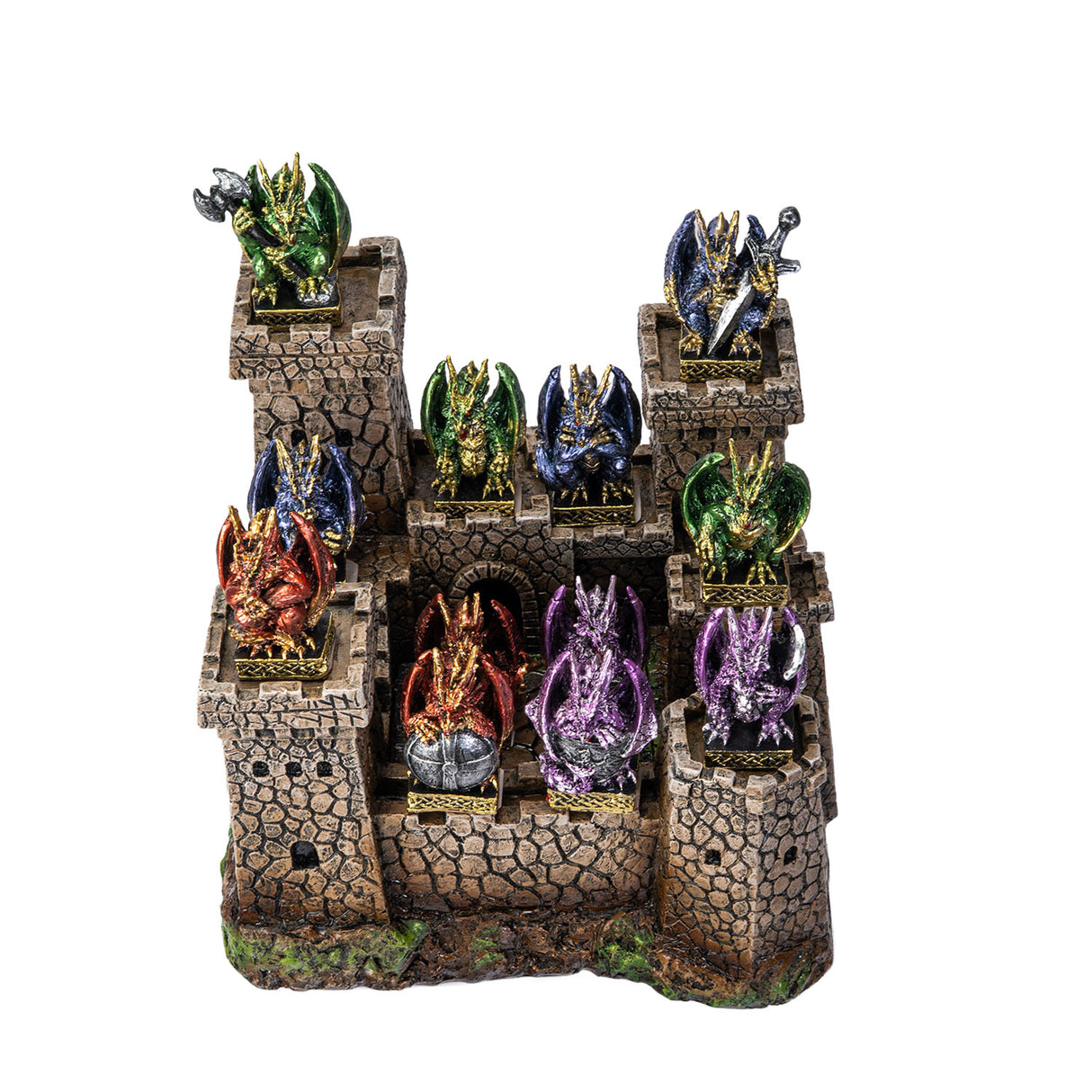 Decorative castle with dragon figurines, some dragons holding weapons