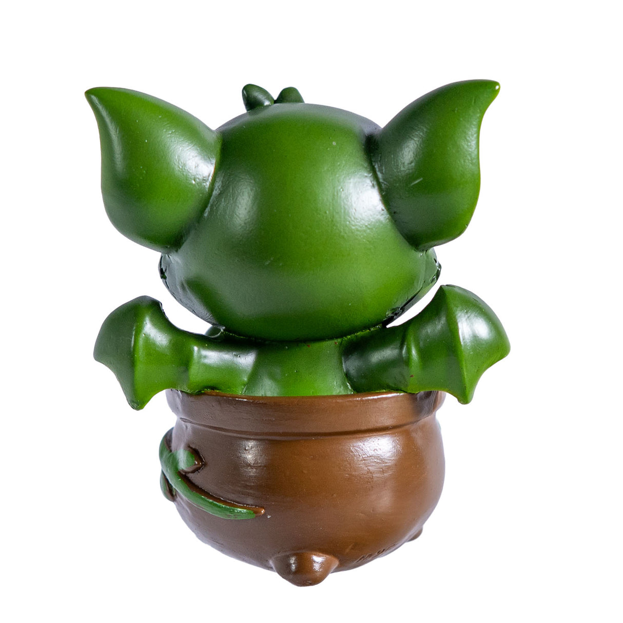 Green dragon-imp creature in a pot, shown from the back