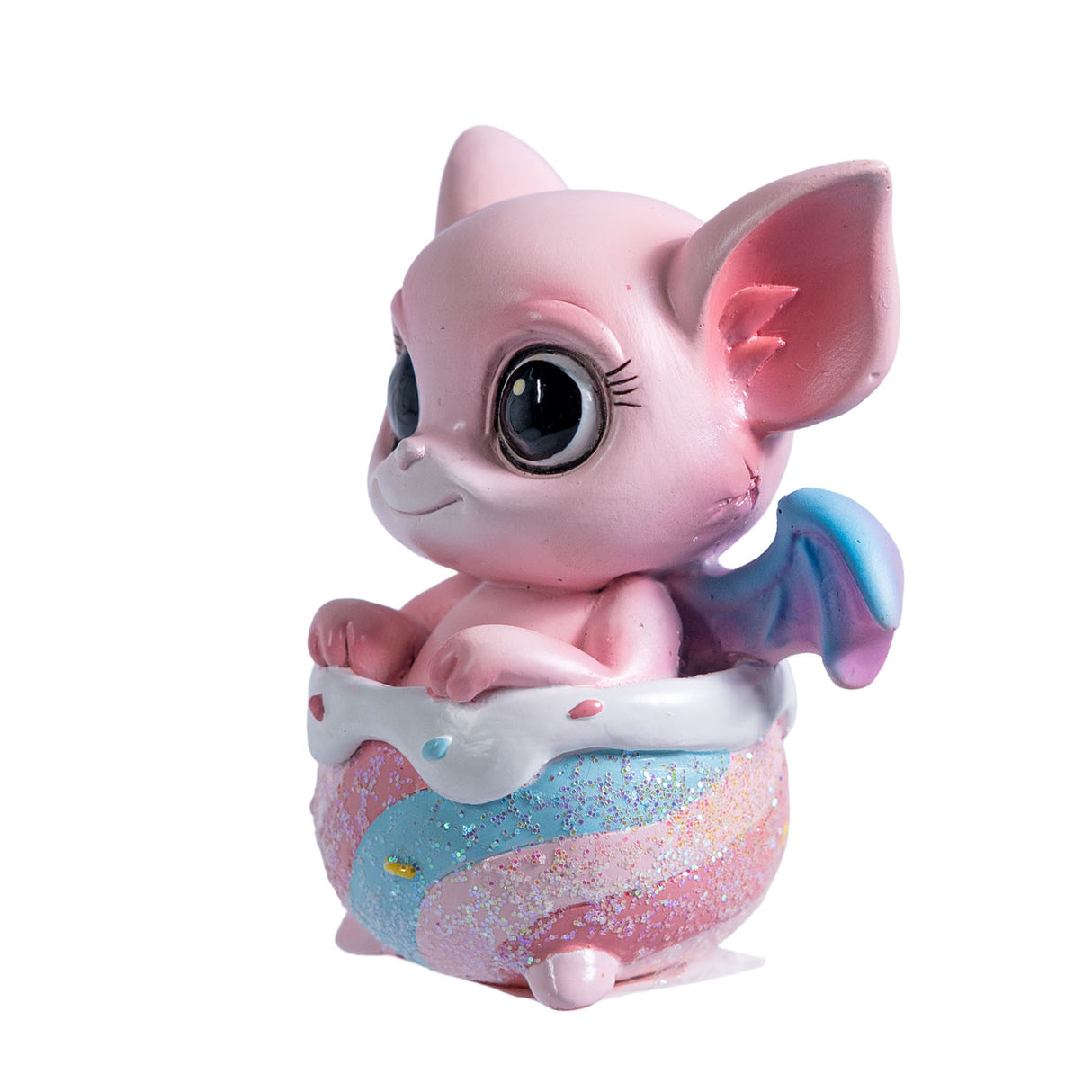 Pink dragon in a striped cauldron with glitter