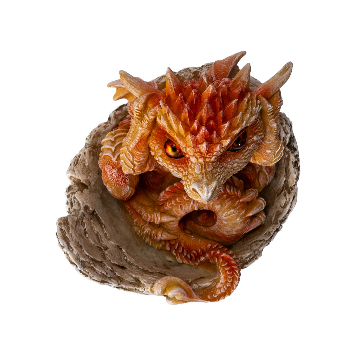 Small orange dragon figurine emerging from a cracked eggshell, shown top down