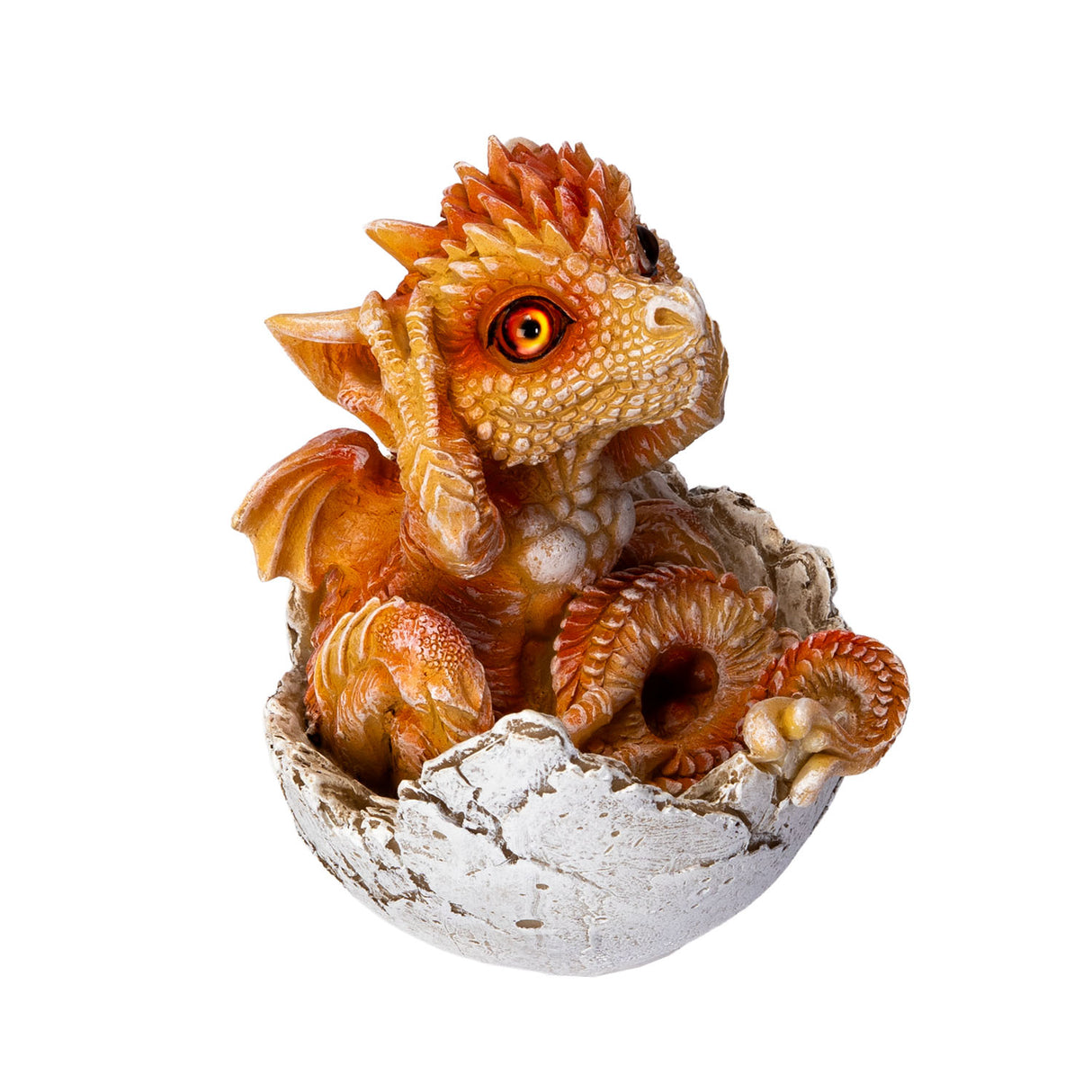 Small orange dragon figurine emerging from a cracked eggshell