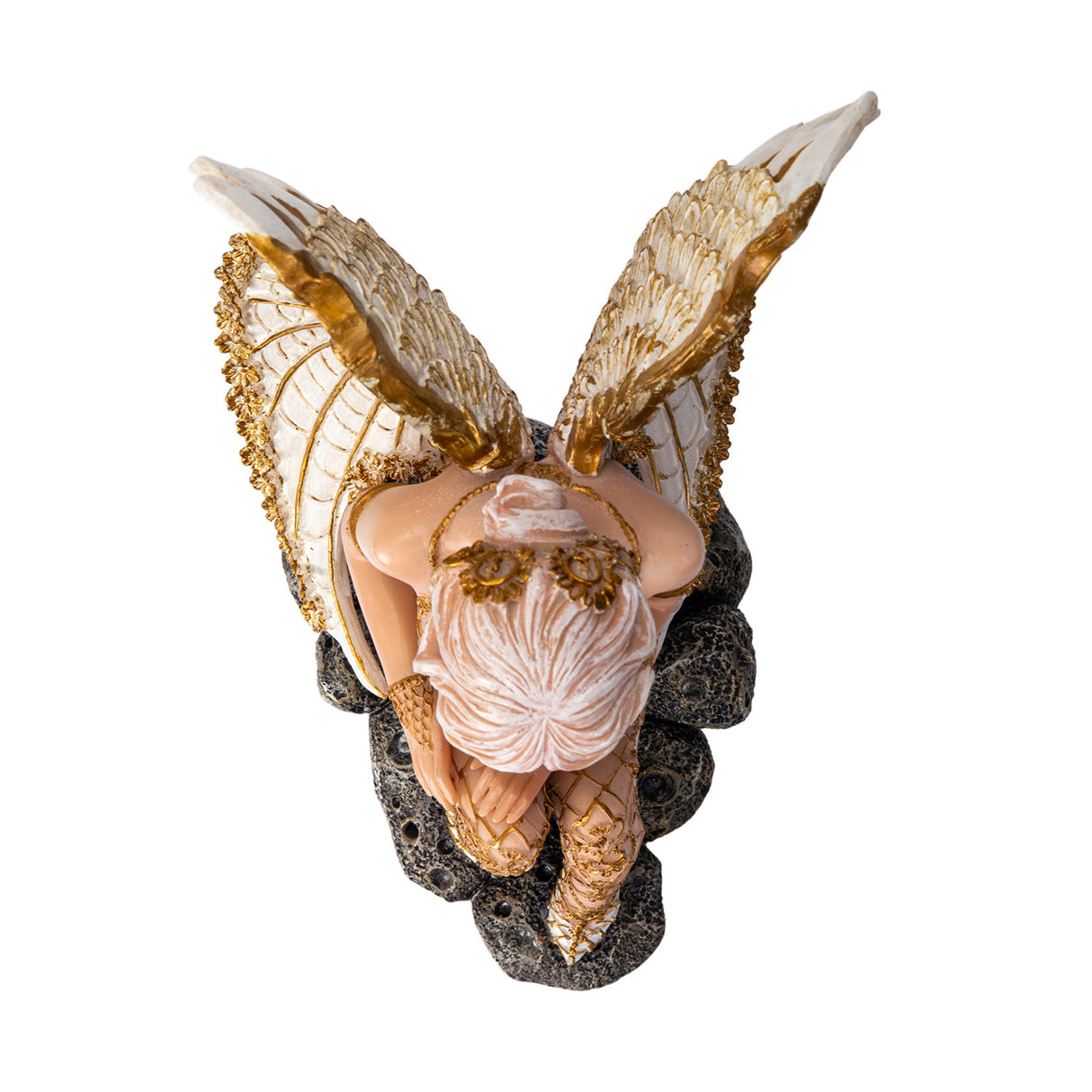 Figurine of a nude angel in gold accents with pale hair and white wings. Shown top down