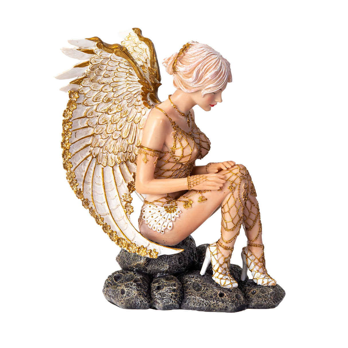 Figurine of a nude angel in gold accents with pale hair and white wings