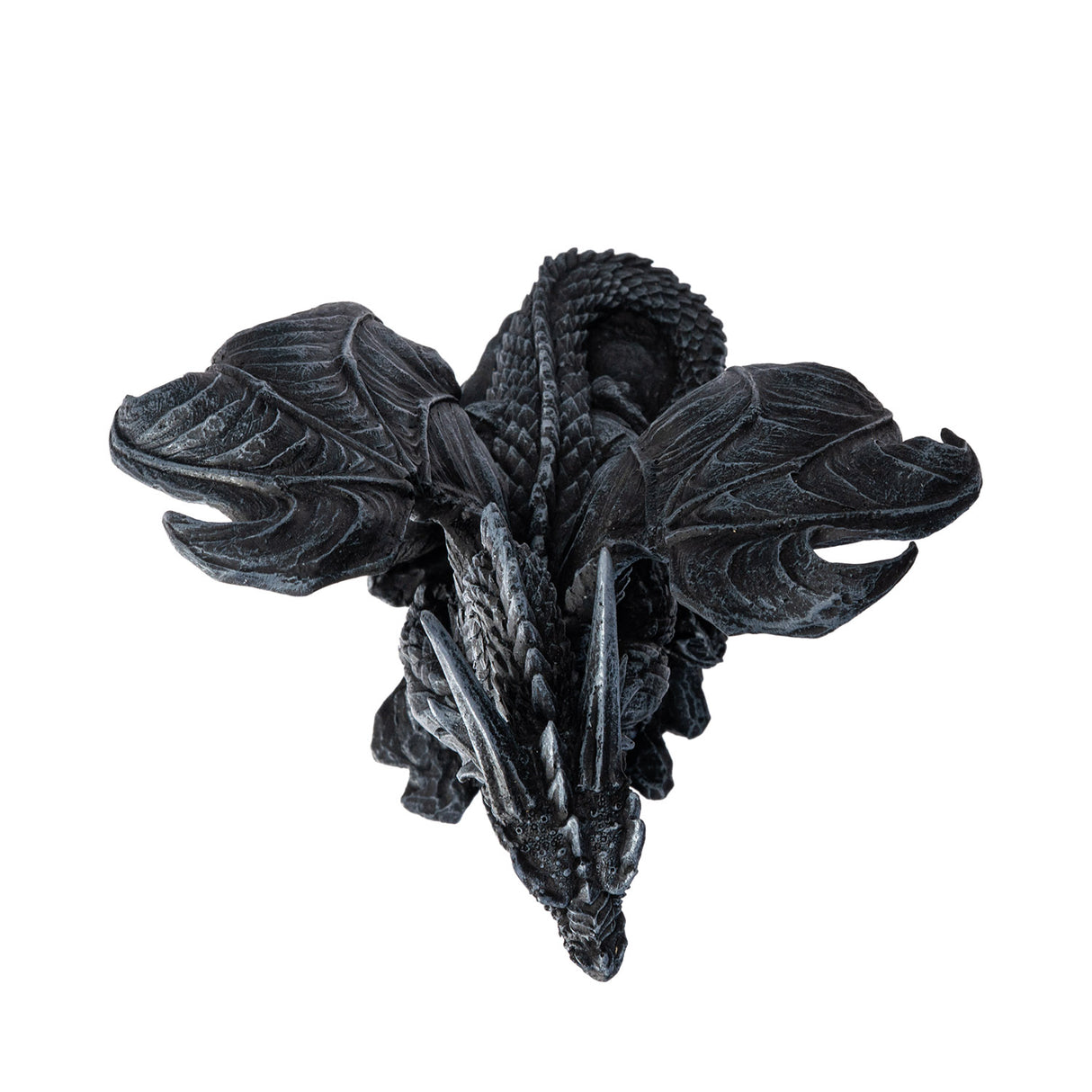 Figurine of a dragon, faux-stone black-gray coloring. Shown top down