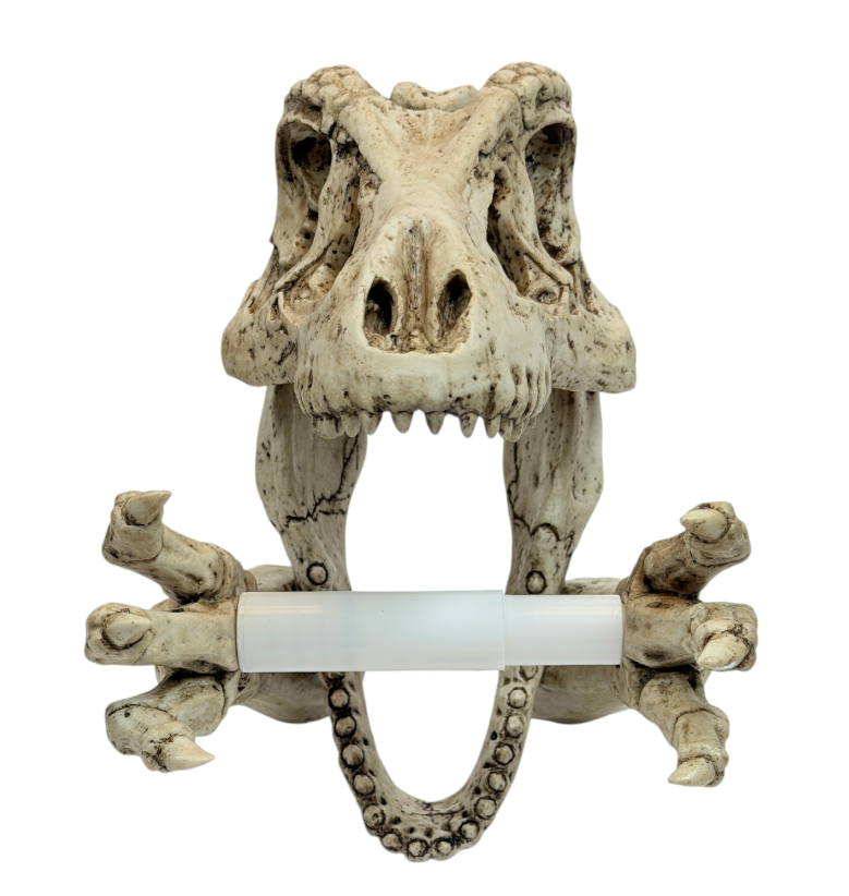 A dinosaur skeleton head toilet paper holder