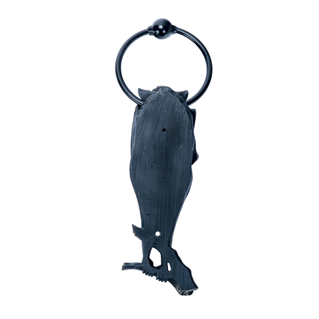 A black bat door knocker featuring a detailed bat sculpture hanging from a branch, with a circular ring at the bottom, shown from the back