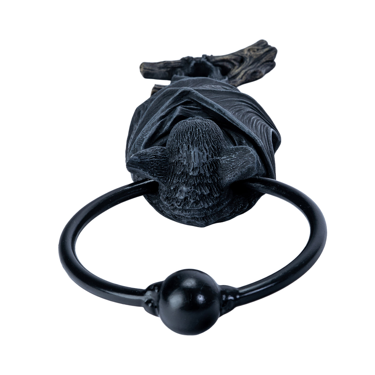 A black bat door knocker featuring a detailed bat sculpture hanging from a branch, with a circular ring at the bottom